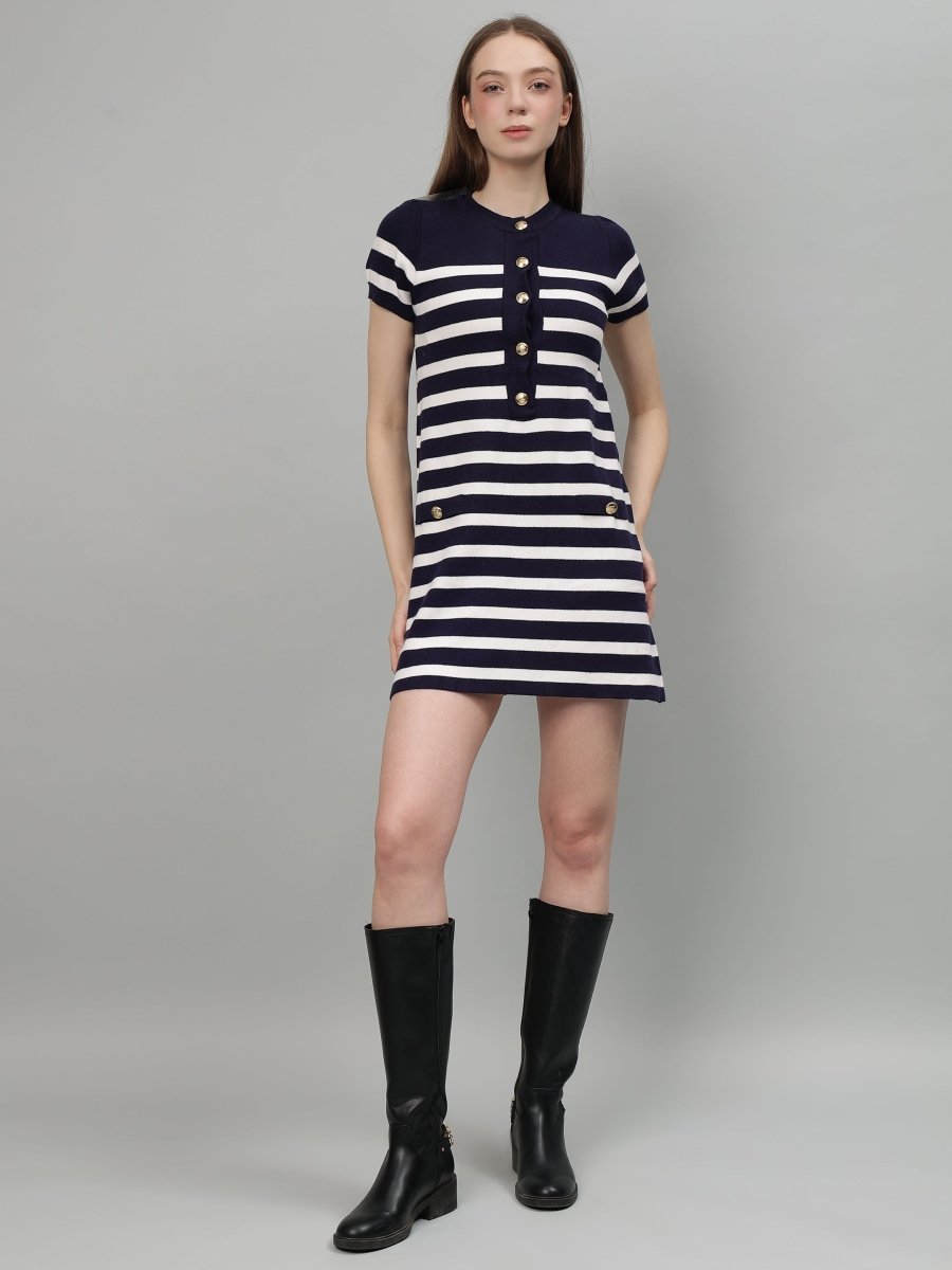 Gaiia Striped Short Sleeve Mini Dress - Navy - GAIIA